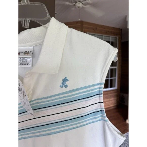 Disney Shirt Women L Sleeveless White Blue Stripe Cotton Mickey Mouse Brand New! - Picture 3 of 8